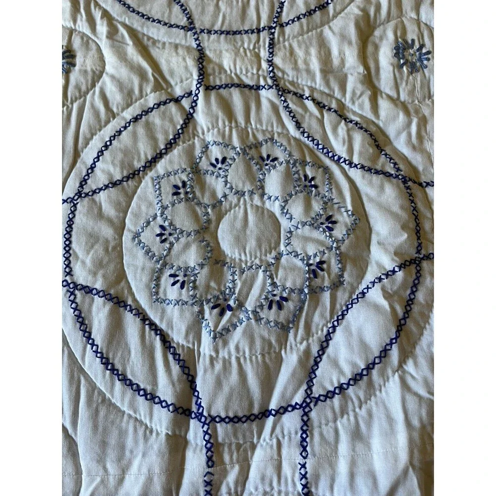 Handmade Lancaster Co PA Blue White Cross Stitch Bedspread wAttached Dust Ruffle